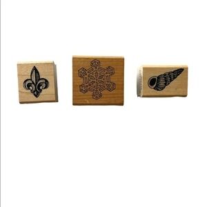 Vintage Wood Block Rubber Stamp Hamilton Arts Set Snow flake Fleur De Lis Shell